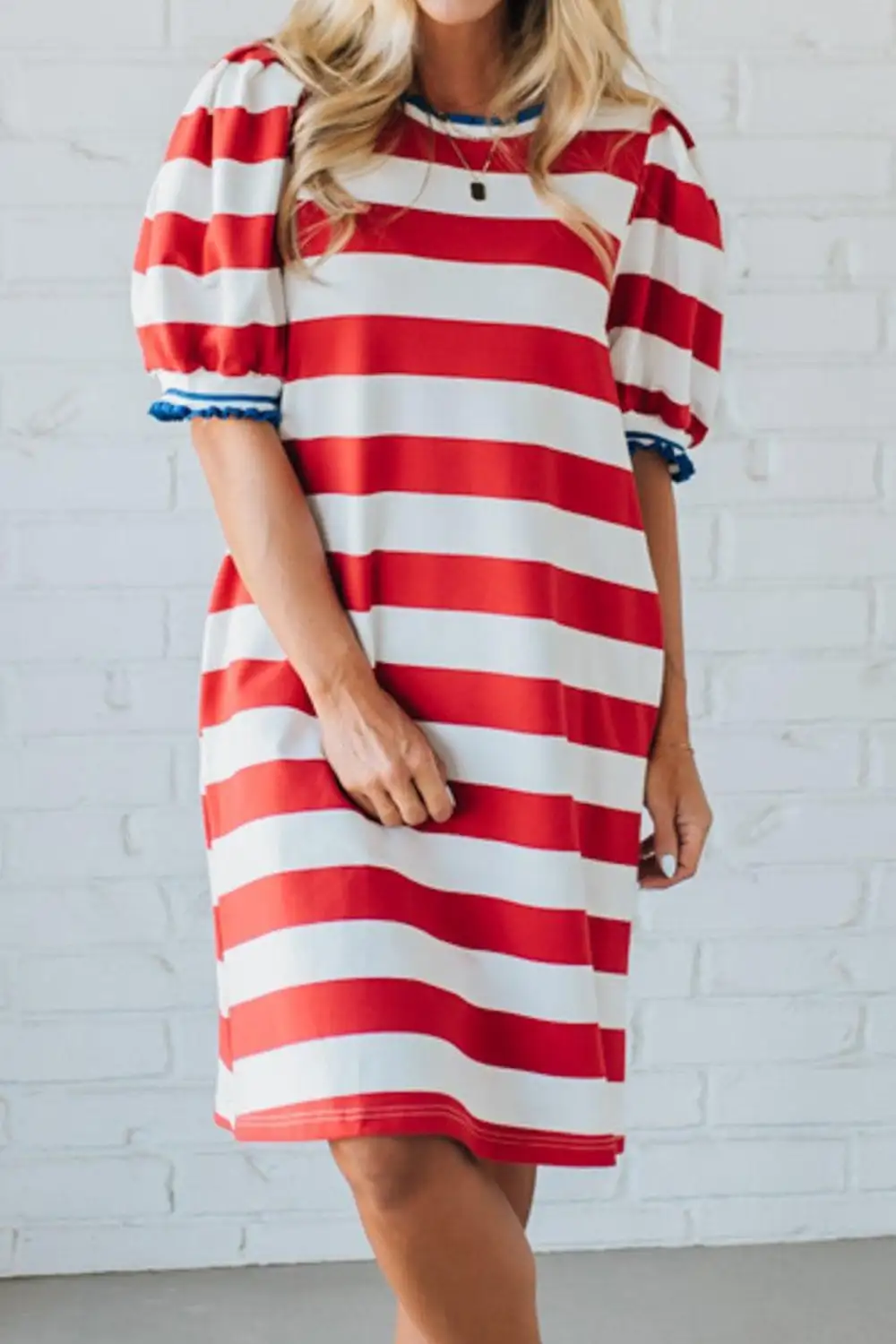Stripe Contrast Trim Round Neck Short Puff Sleeve Shift Dress