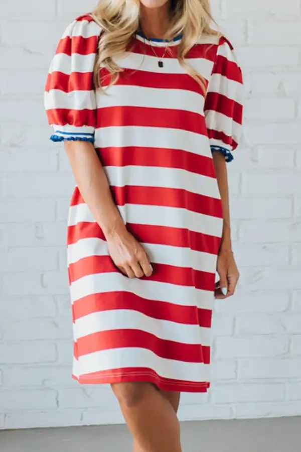 Stripe Contrast Trim Round Neck Short Puff Sleeve Shift Dress