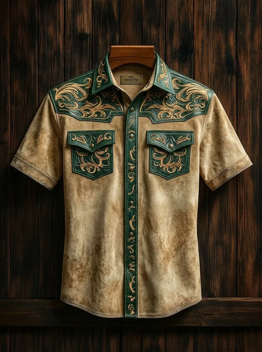Men's Western Style Green Floral Embroidery Printed Shirt