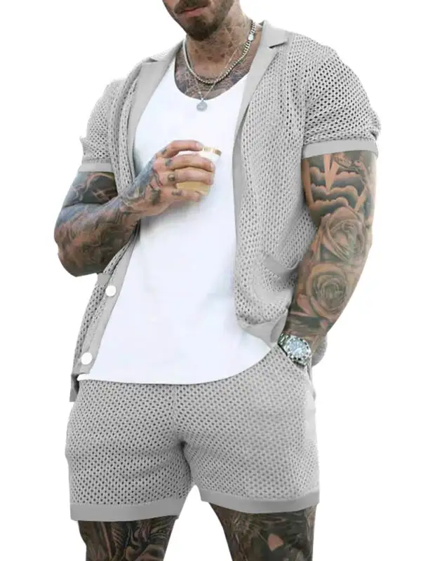 Knit Lapel Collar Short Sleeve Shorts