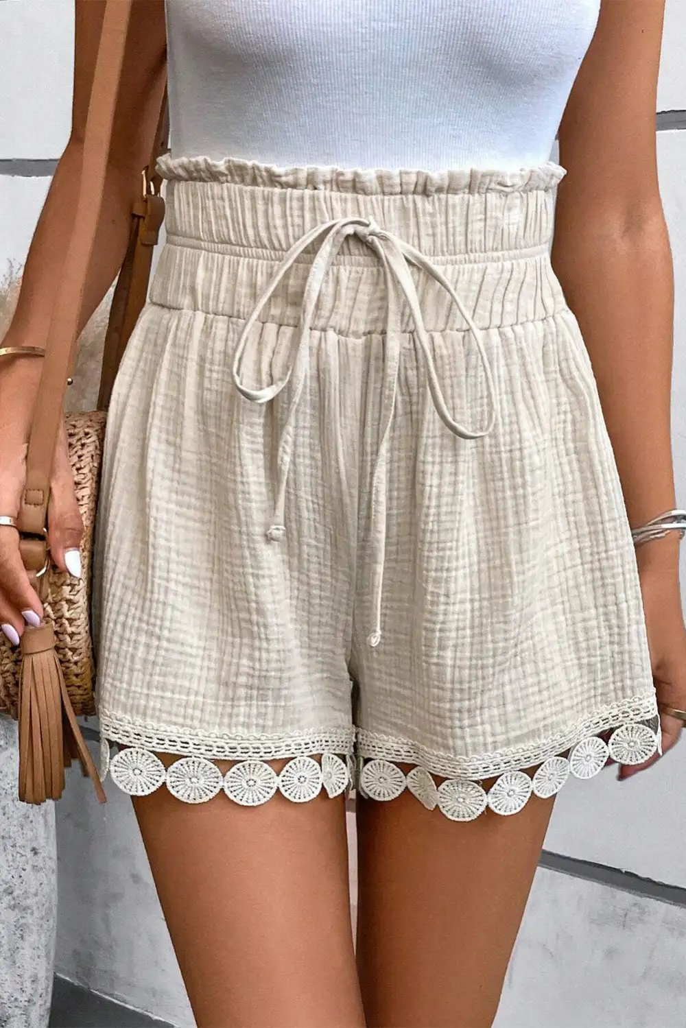 Textured Cotton Frilled Knotted High Waist Lace Hem Shorts