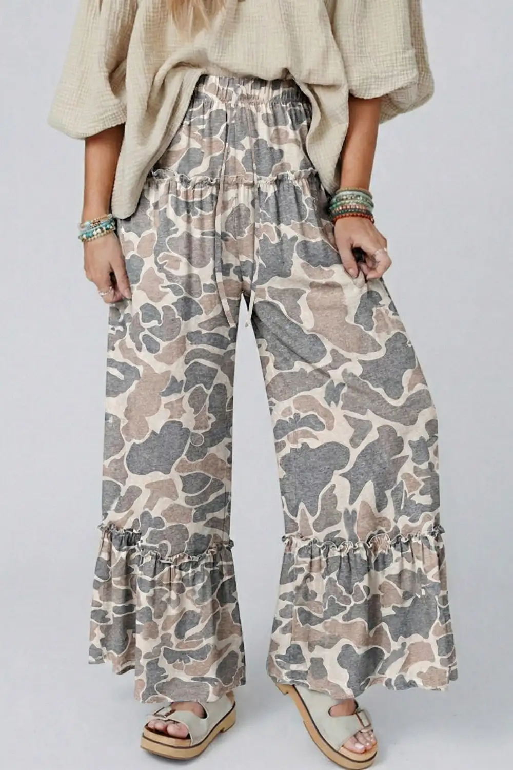 Multicolour Camo Print Wide Leg Casual Pants