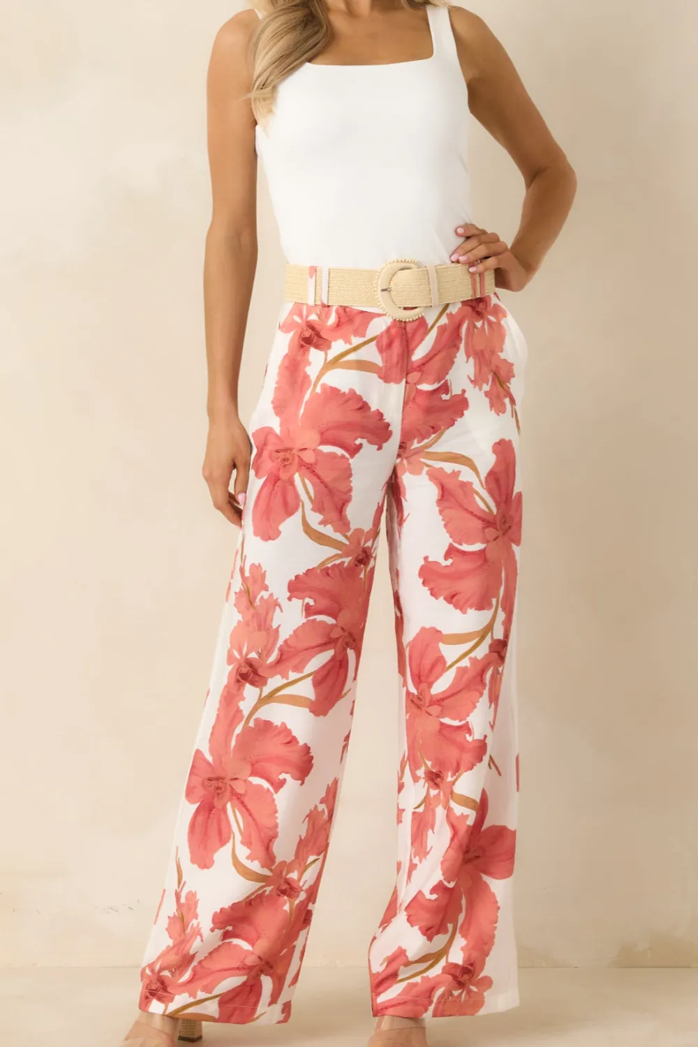 Peach Hibiscus Wide Leg Pants