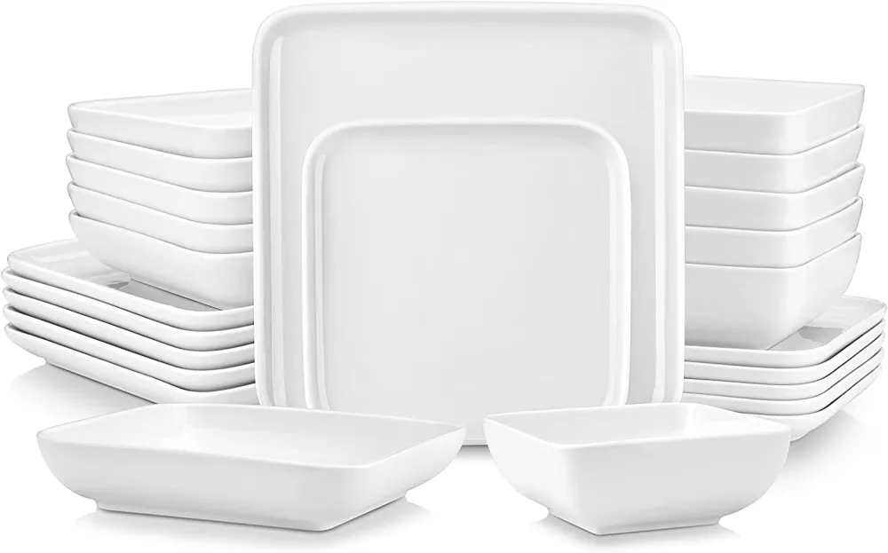 MALACASA Dishes Set for 12, Marble Grey Square Dinnerware Sets, 48 Piece Porcelain Plates and Bowls Sets with Dinner Plates, Dessert Plates, Soup Plates and Cereal Bowls, Series IVY