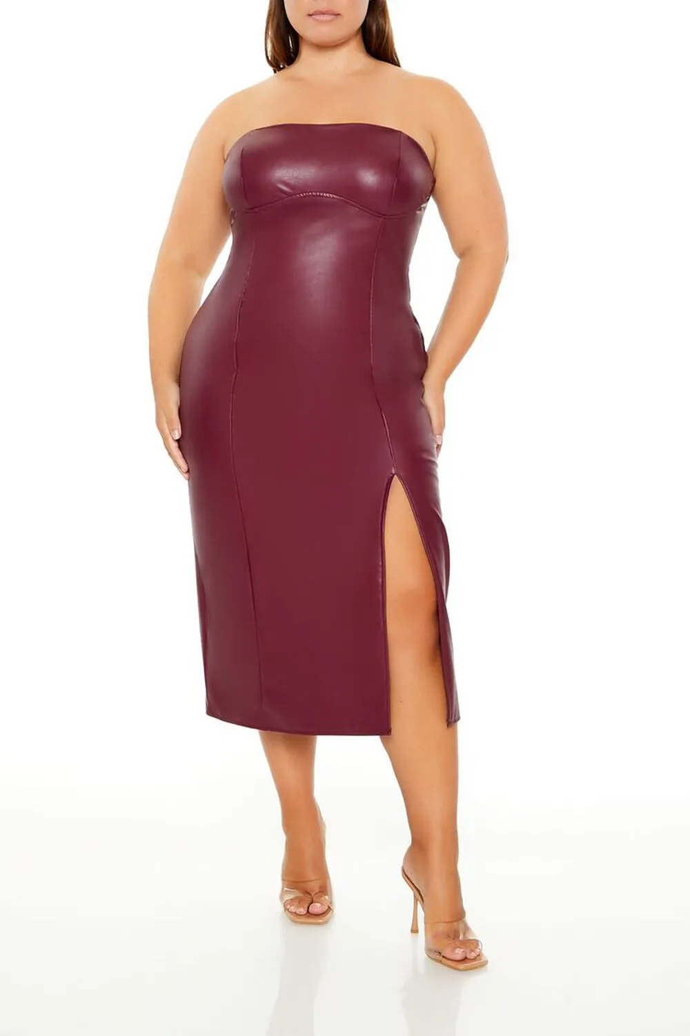 Plus Size Faux Leather Tube Midi Dress