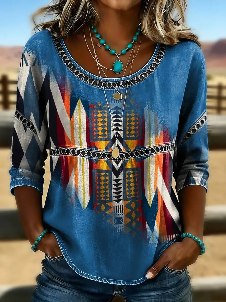 Women's Retro Western Aztec Print Casual Top