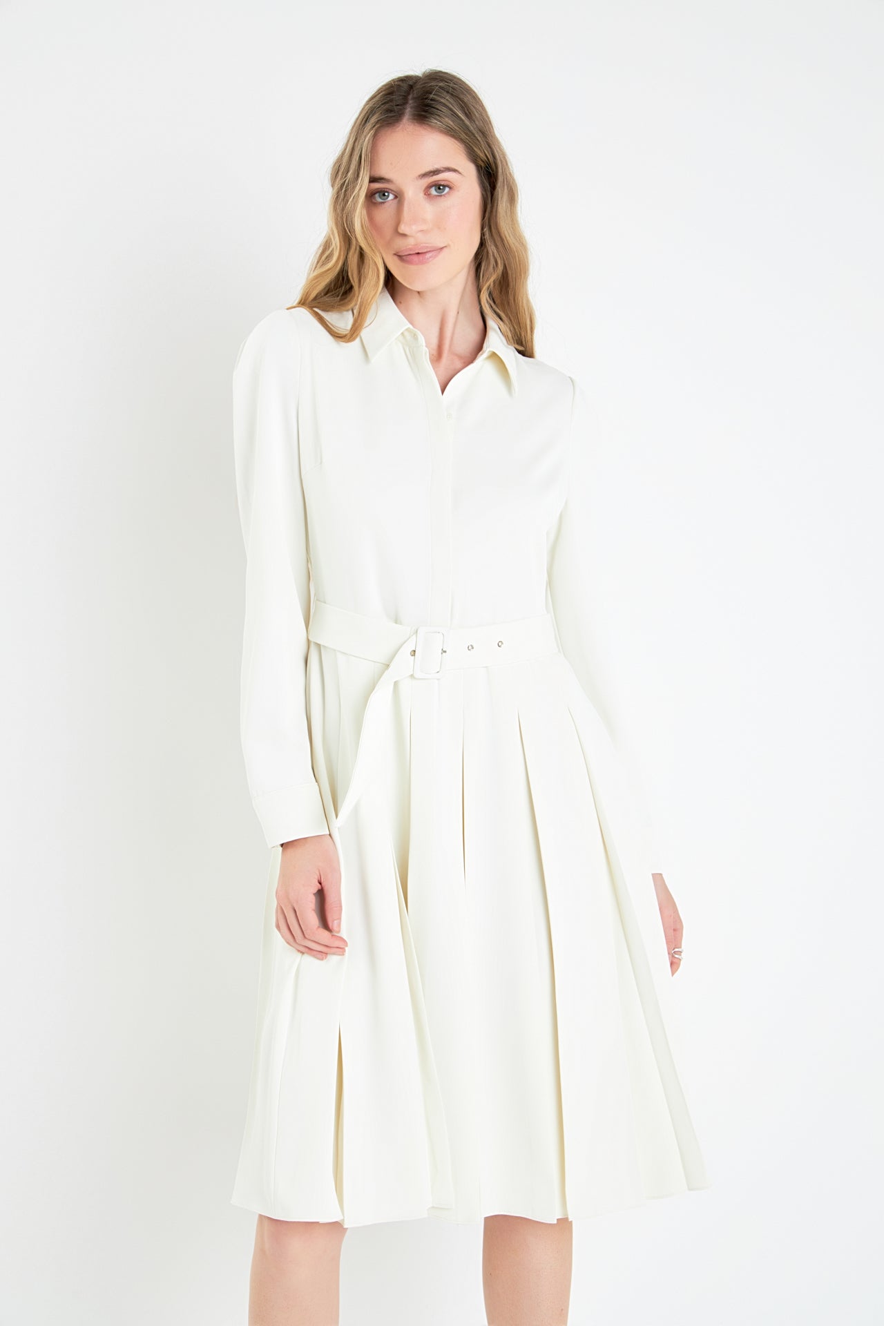 Pleated Collared Long Sleeve Midi Dress