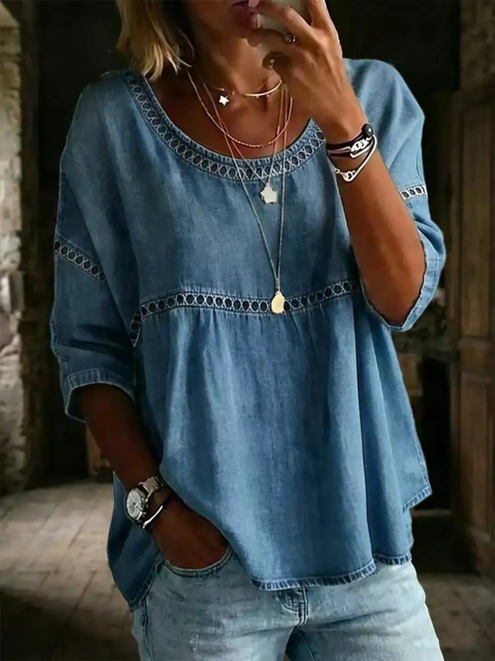 Hollow Out Round Neck Top Plus