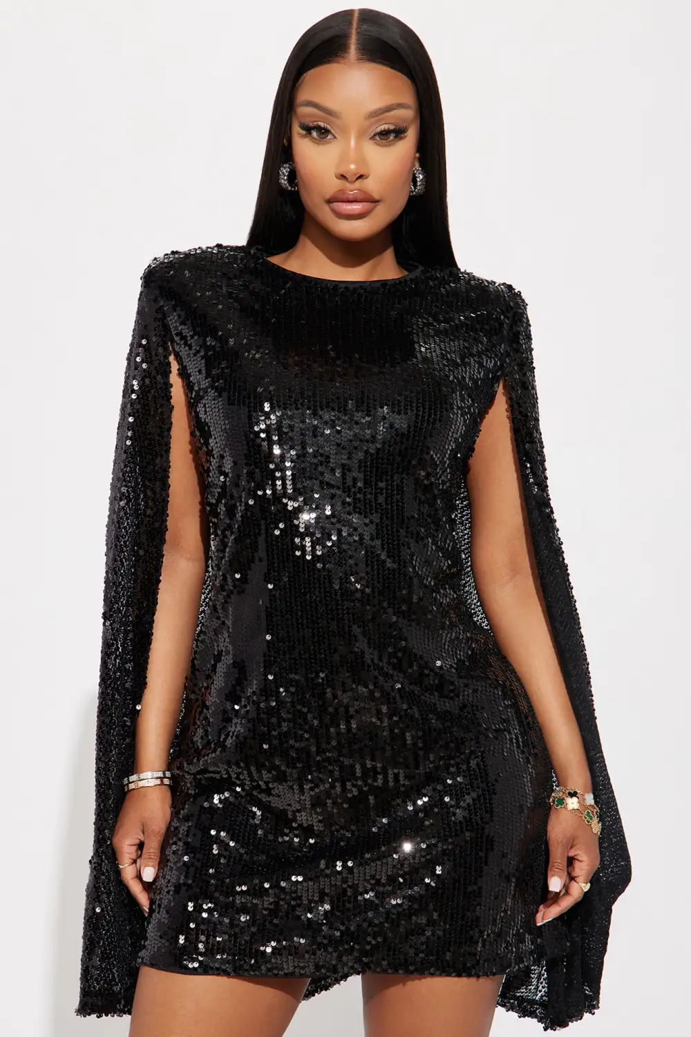 Cape Sequin Mini Dress - Black
