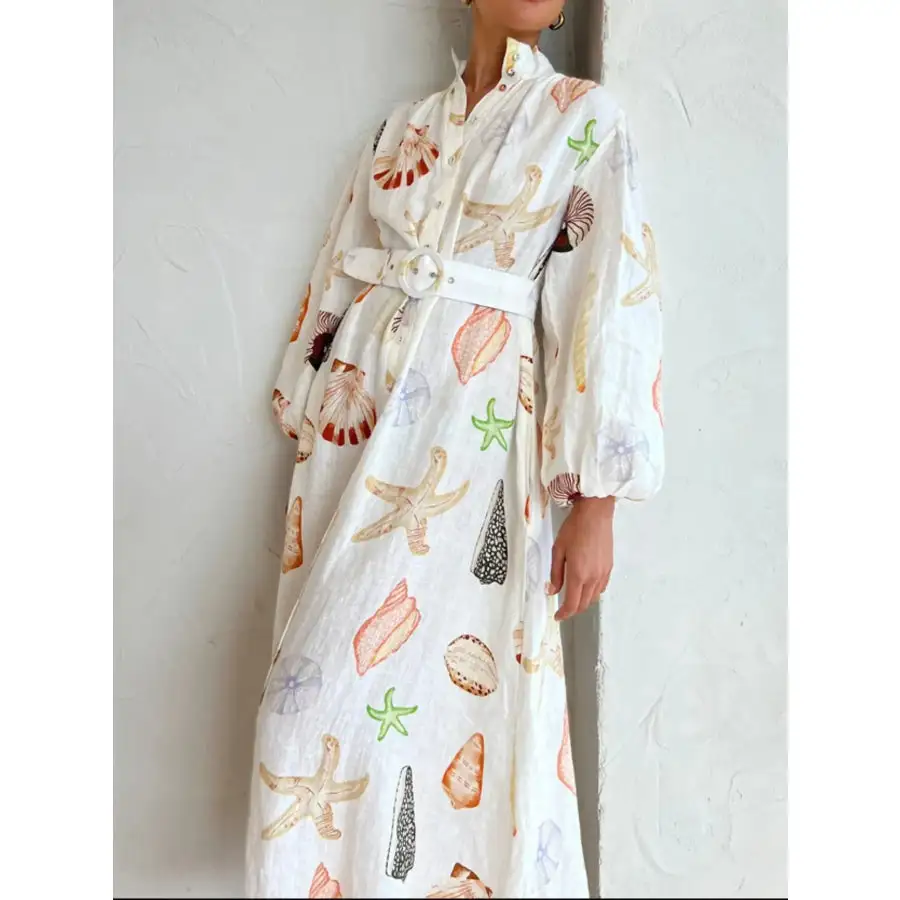 Printed Balloon Sleeve Maxi Shirt Dress