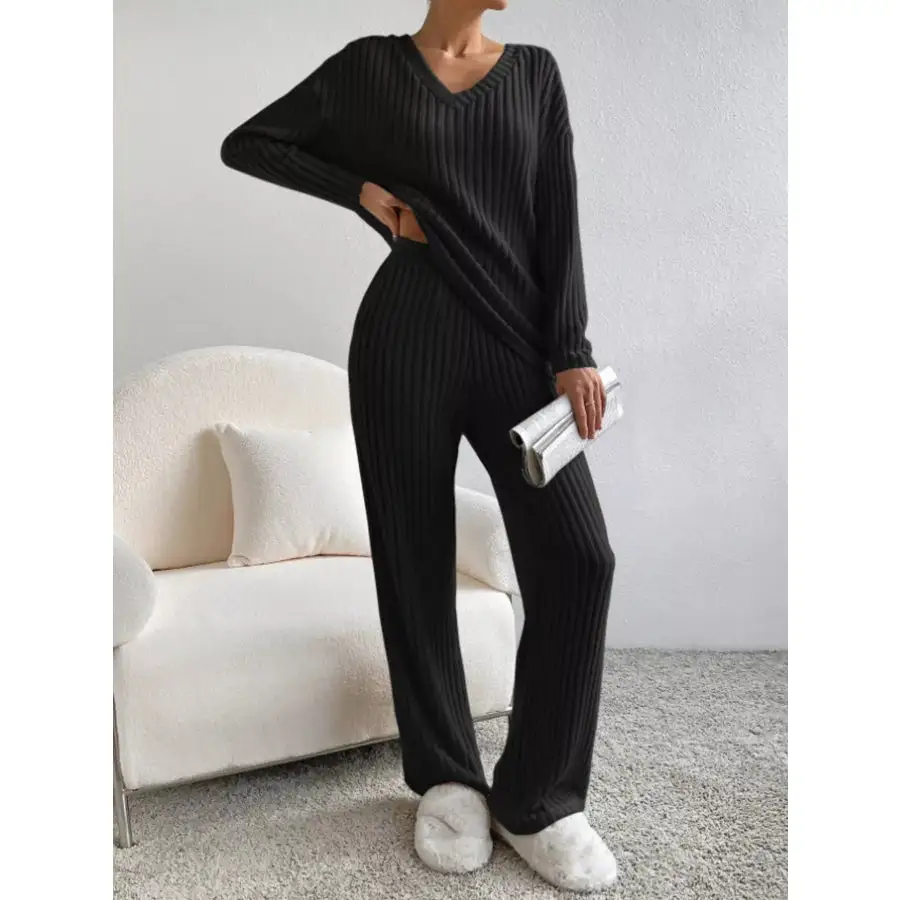 Ribbed Knit Long Sleeve Top and Pants Set