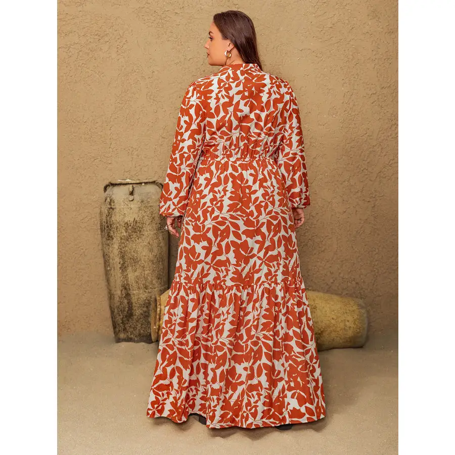 Plus Size Printed Notched Long Sleeve Maxi Dress