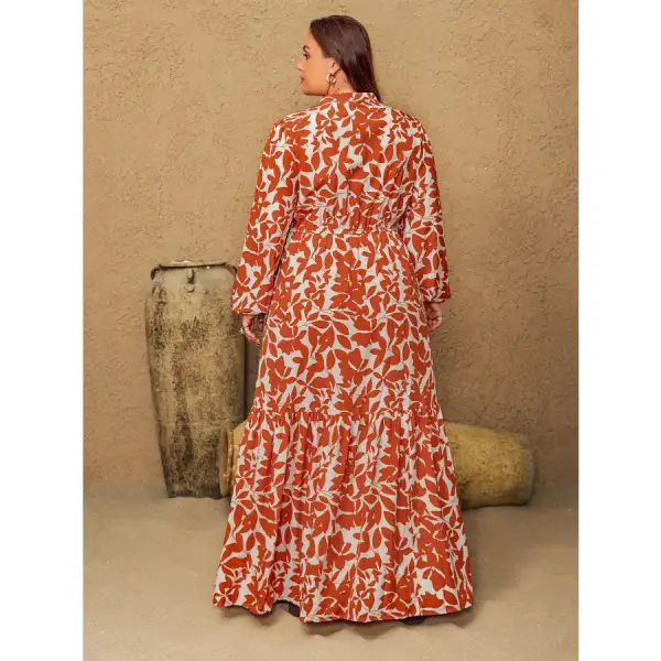 Plus Size Printed Notched Long Sleeve Maxi Dress