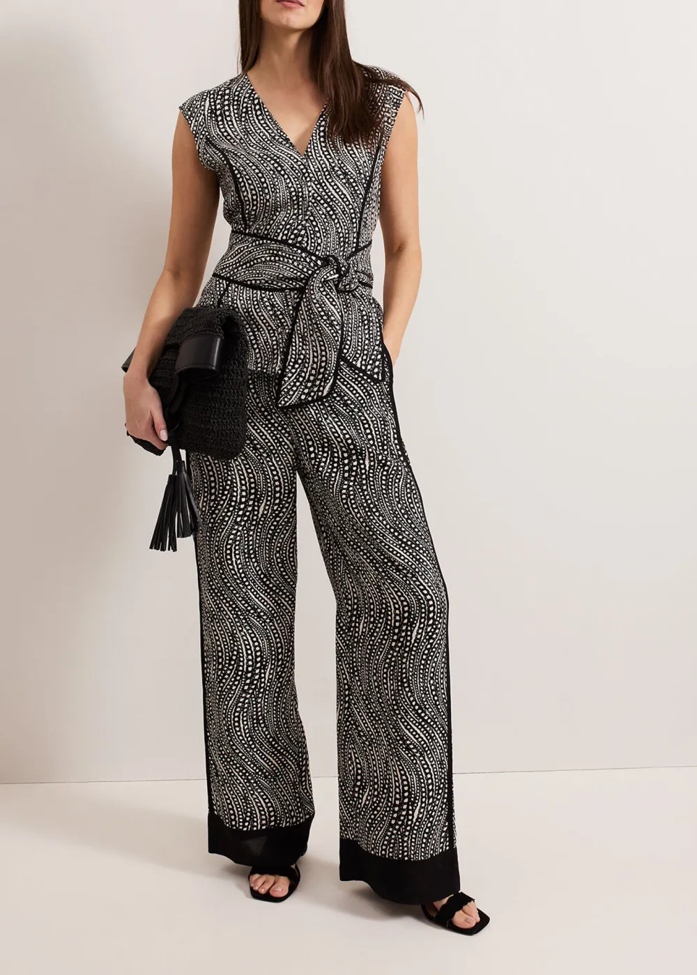 Black And White Dense-Print Wide-Leg Pants