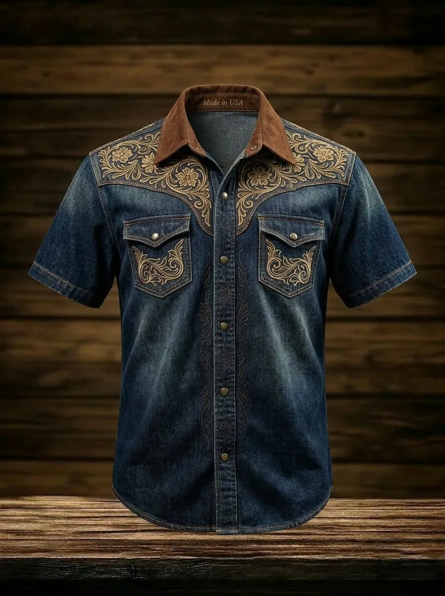 Men's Western Cowboy Floral Embroidered Denim Printed Shirt