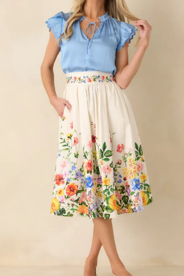 Beautiful Arrangement Multi Floral Cotton Midi Skirt