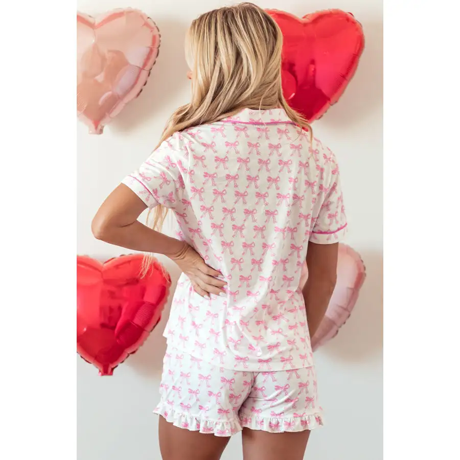 Bowknot Printed Short Sleeve and Ruffled Shorts Valentines Pajama Set
