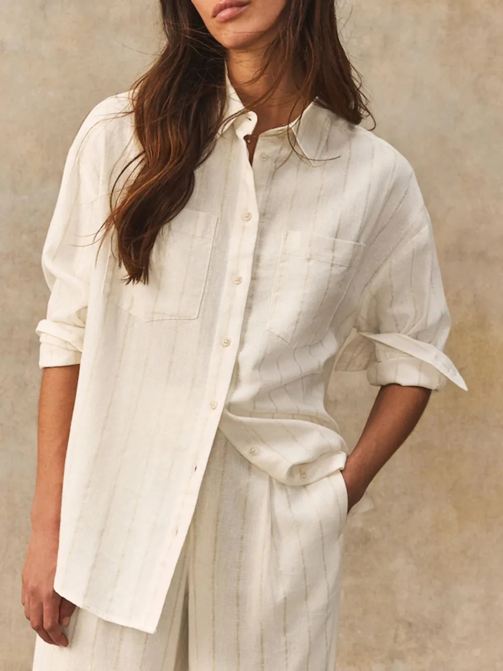 Metallic Long-Sleeve Striped Shirt Paired With Linen