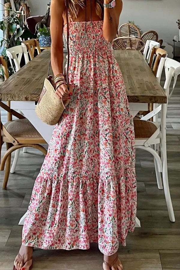 Spaghetti Straps Floral Ruffled Maxi Dress