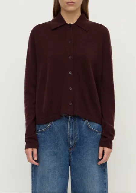 Dark Merlot Wool Cashmere Button-Up Cardigan
