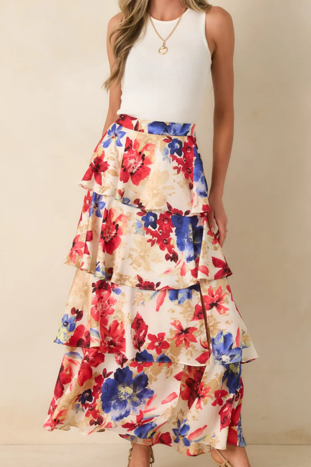 Multi Floral Print Tiered Maxi Skirt