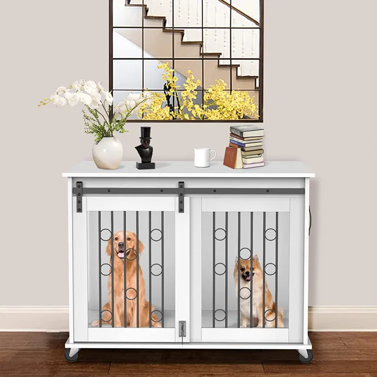 Dog Crate Furniture With Divider For 2 Small To Medium Pets, Wooden Cage End Table, Heavy Duty Indoor Puppy Kennel With Removable Divider And Sliding Door, 39.37'w*25.2'd*28.94'h