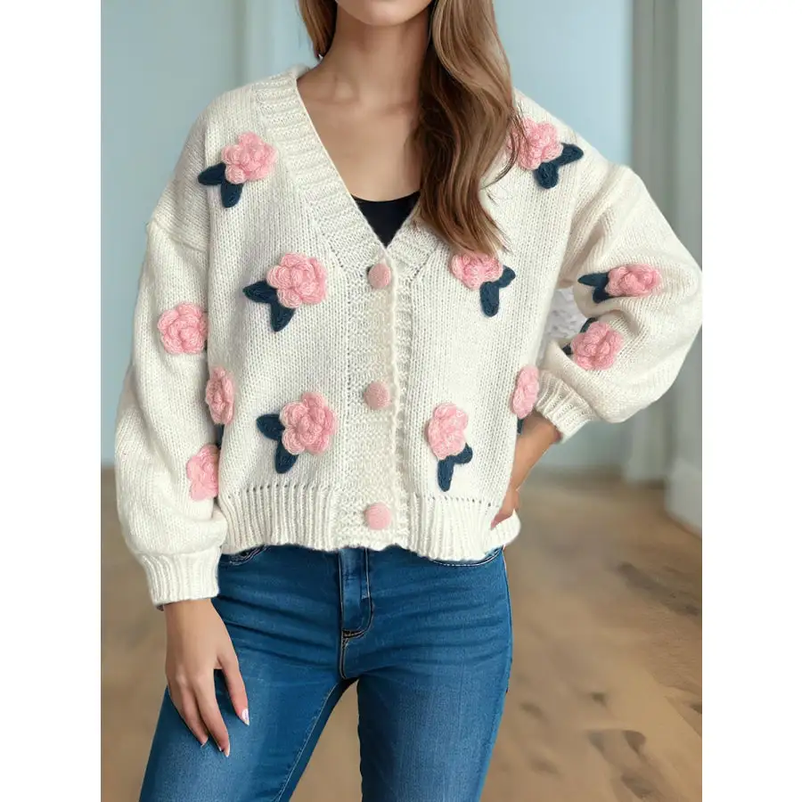 Flower Button Down V Neck Long Sleeve Cardigan