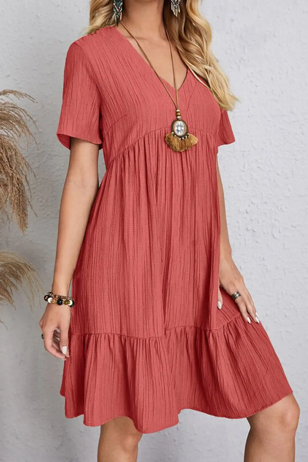 Boho Chic  Plus Size Ruched V-Neck Short Sleeve Dress