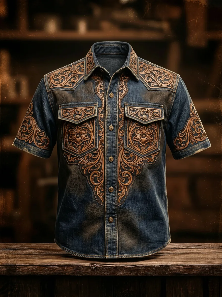 Men's Western Cowboy Floral Tooled Leather Printed Shirt-5