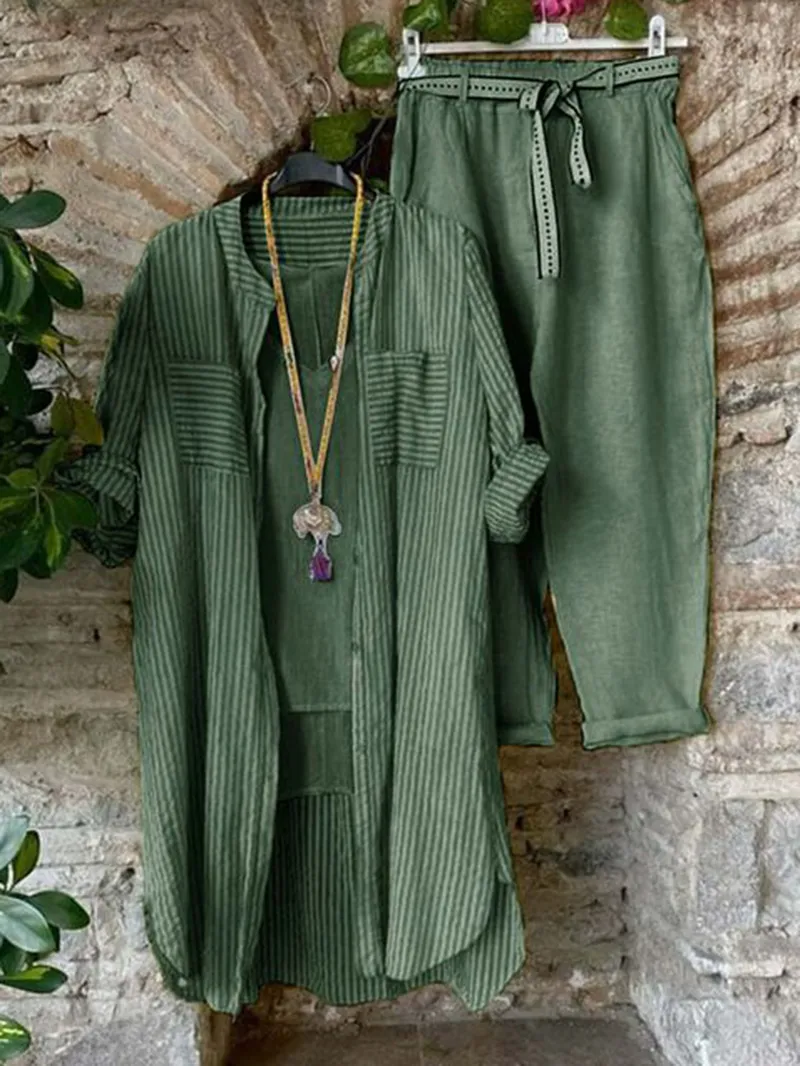 Striped shirt cotton linen pants two-piece set 01