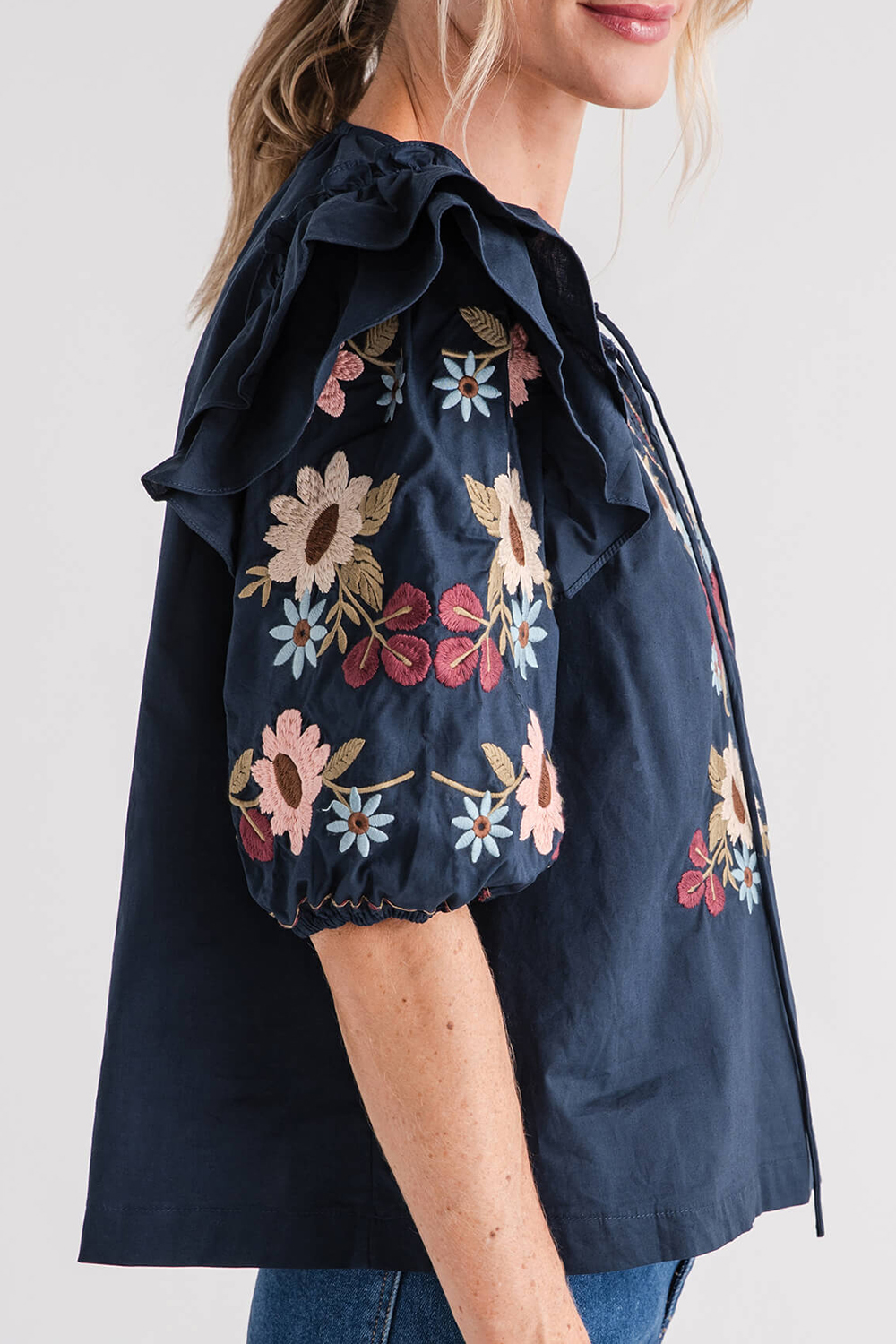 Mable Embroidered Ruffle Shoulder Puff Sleeve Blouse - navy