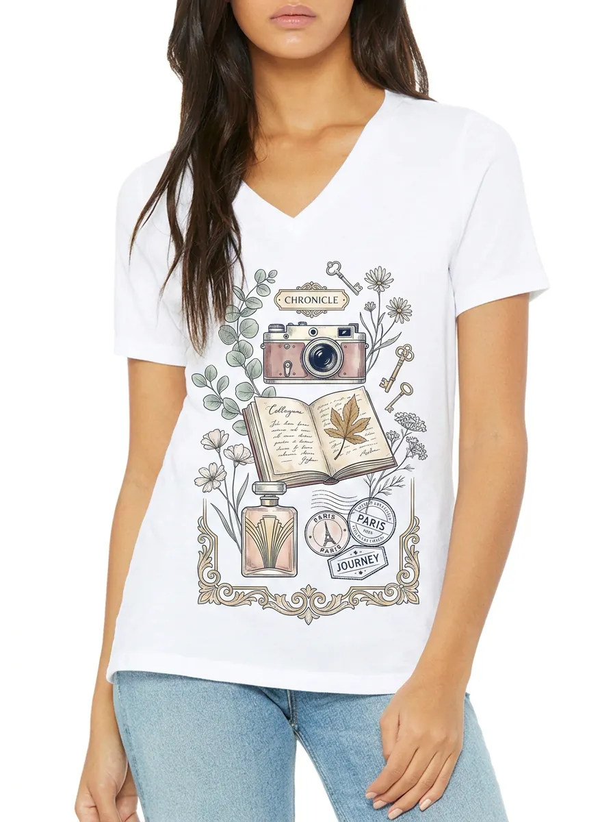 Women's Travel Lover Paris Camera Book Printed V-neck T-shirt