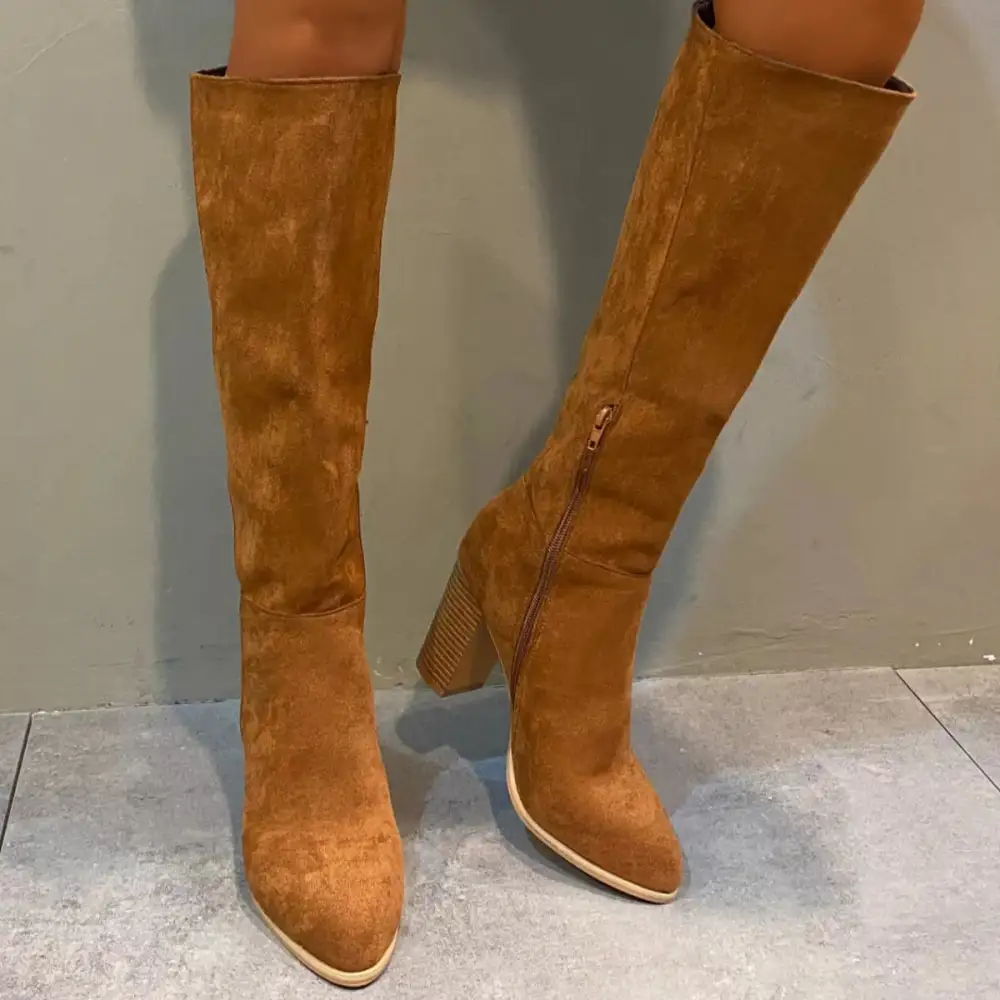 Textured Pointed Toe Block Heel Boots