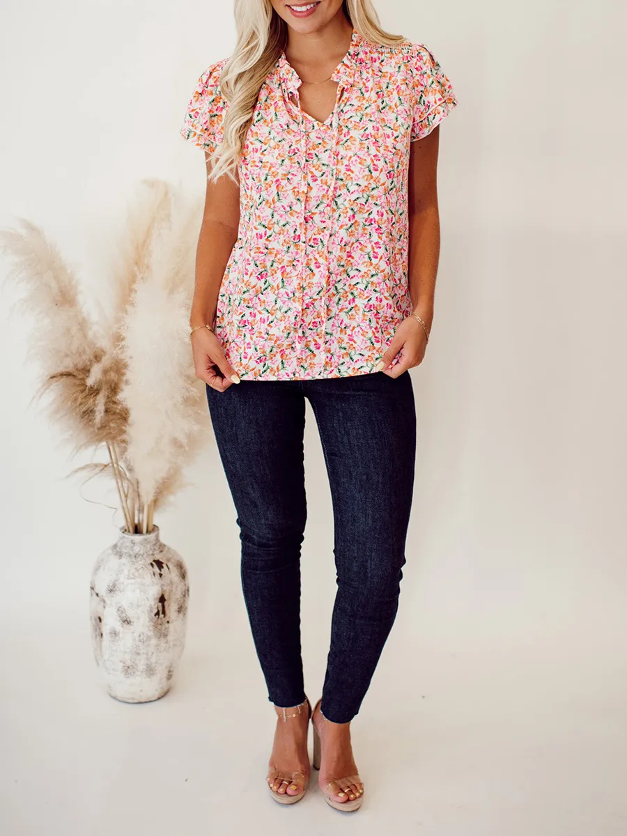 Flower pattern tie up layered short sleeved top