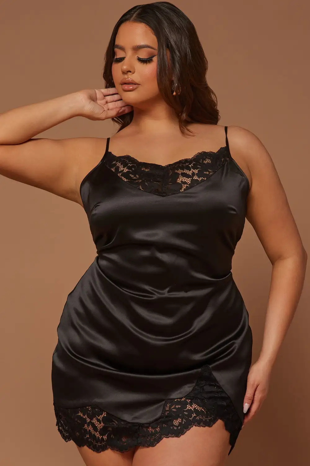 Eloise Satin Lace Mini Dress - Black