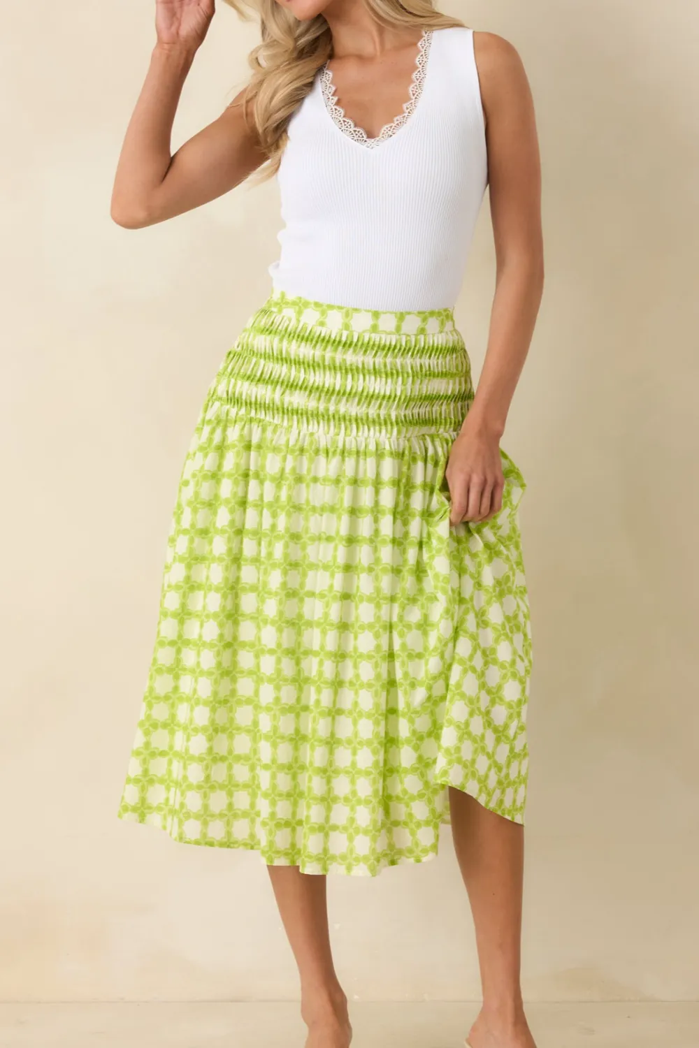 Chartreuse Printed Cotton Midi Skirt