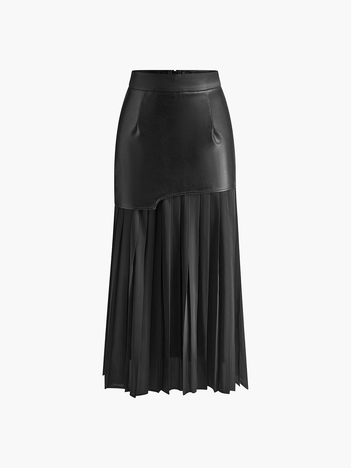 Asymmetric Patchwork Faux Leather Chiffon Pleated Midi Skirt