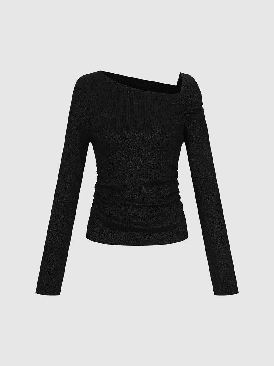 Lady's Shiny Asymmetrical Collar Fitted Long-Sleeved T-Shirt