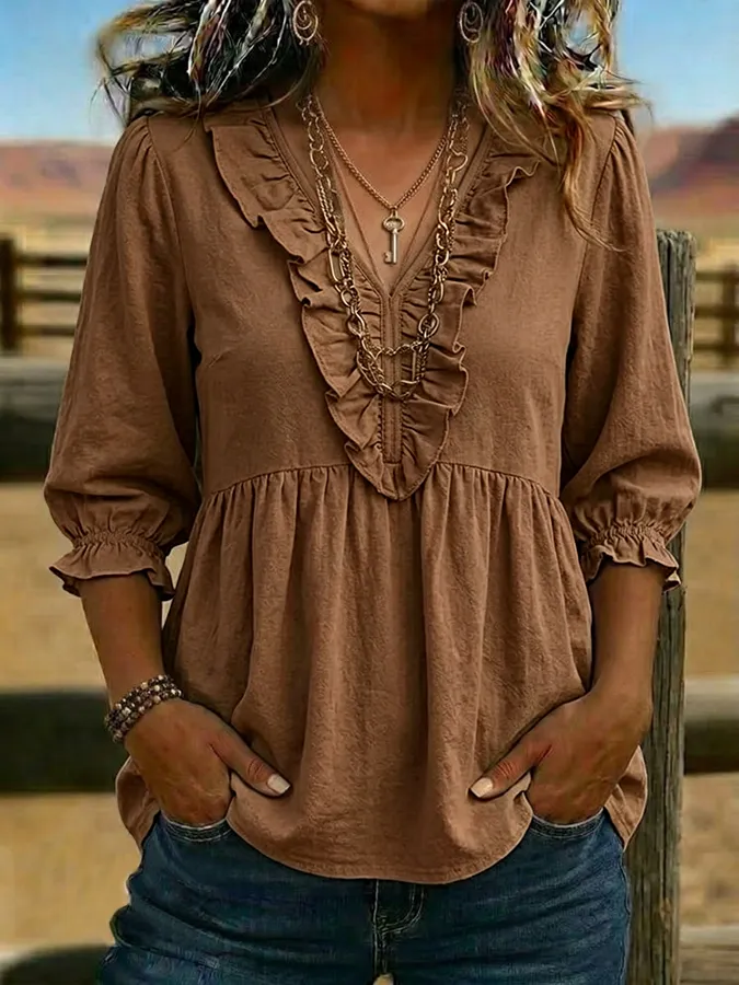 Women's Vintage Ruffled Casual Shirt