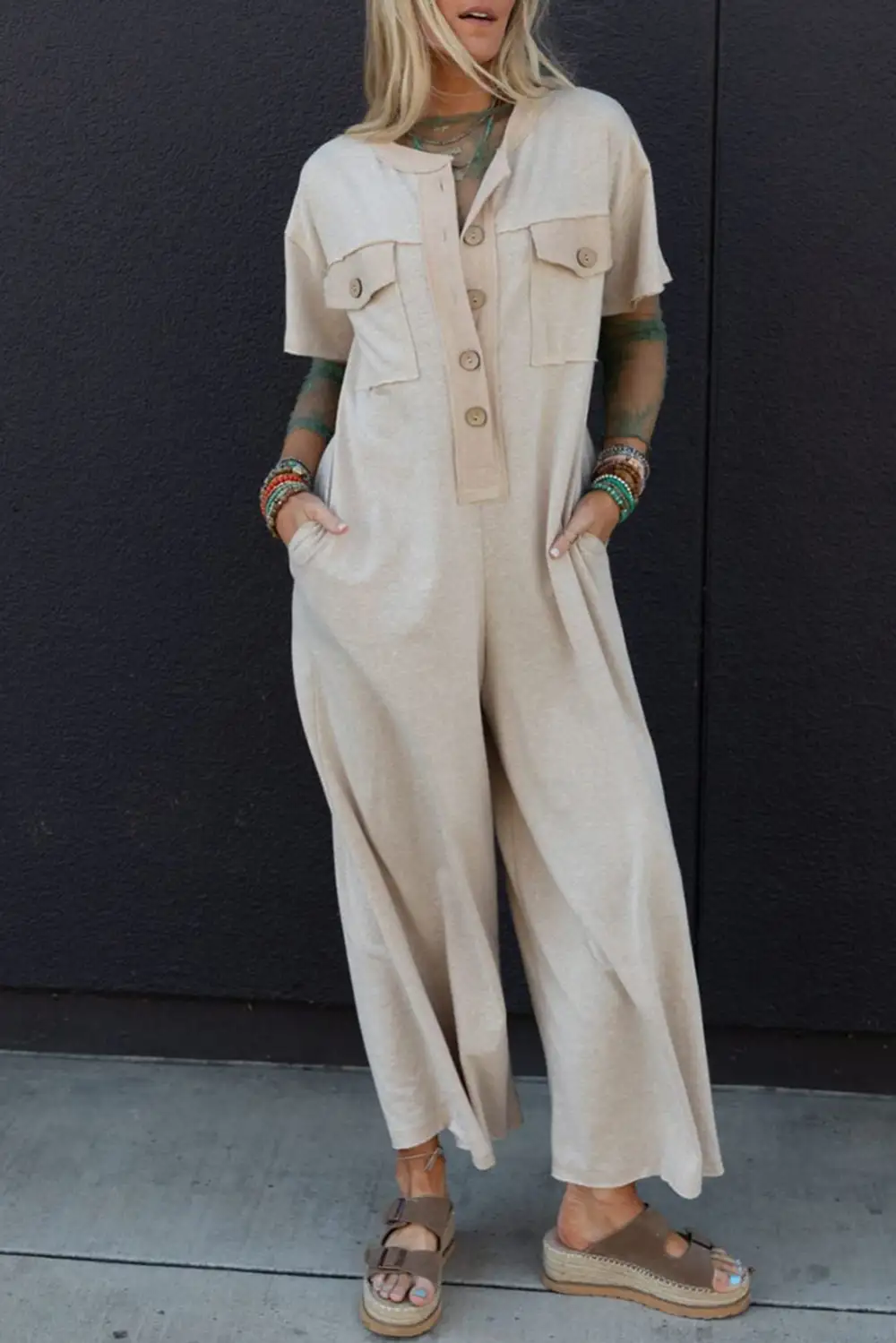 Relaxed Half Placket Chest Pockets Short Sleeve Wide Leg Jumpsuit