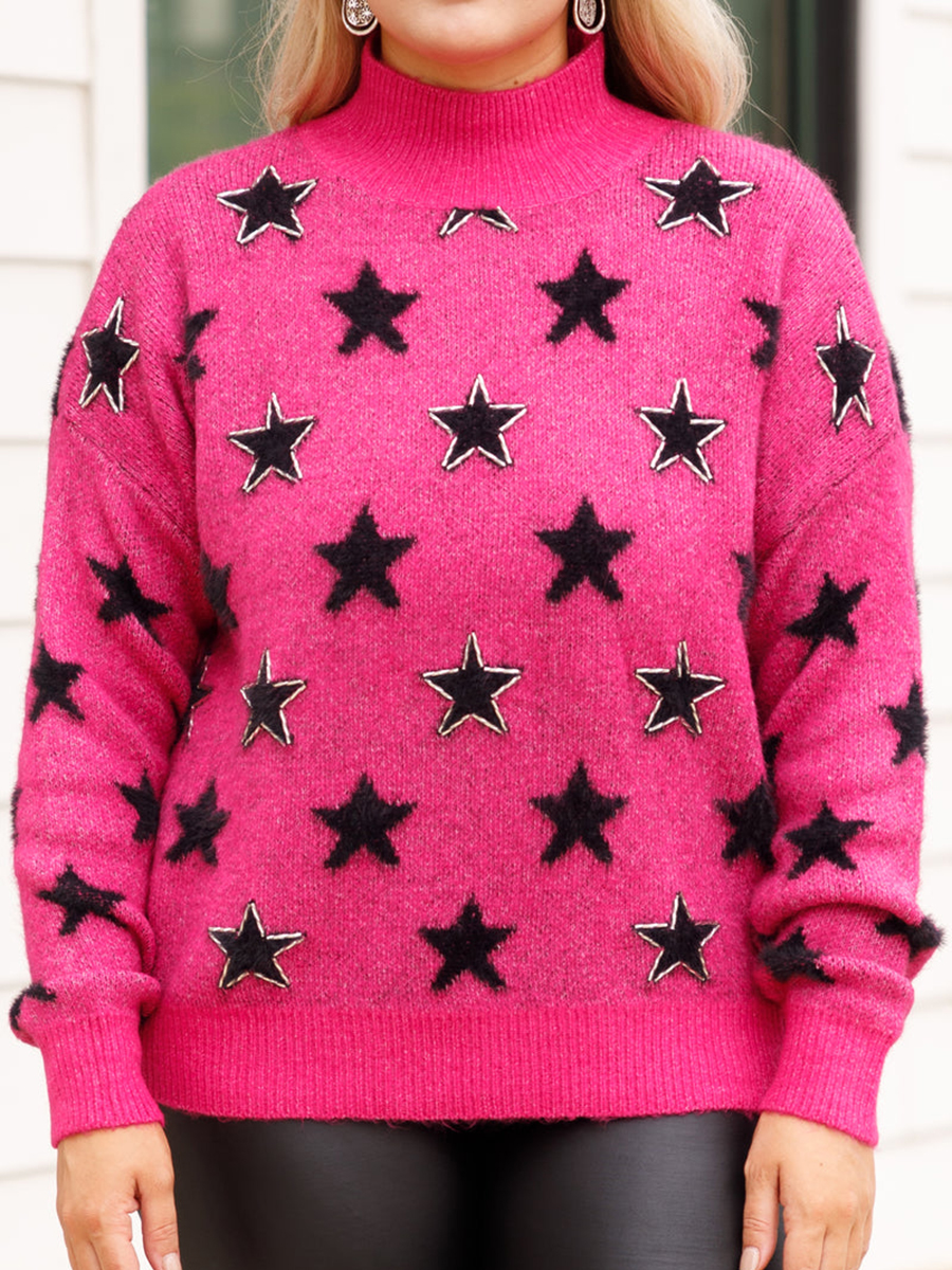 Star patterned rose red loose knit sweater