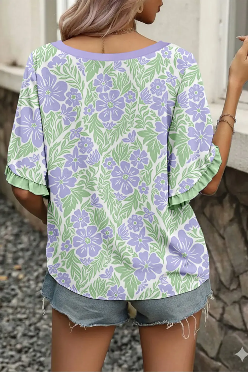 Purple Floral Print Ruffled Color Block Trim Half Sleeve Blouse