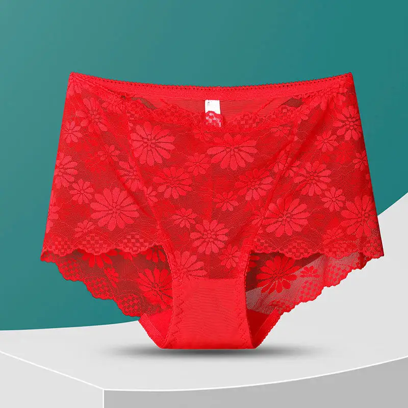 Plus Size High Waist Lace Trim Breathable Panty