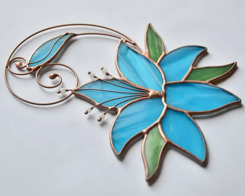 (Store Closing Sale) Stained glass blue lily window hangings, flower gift suncatcher