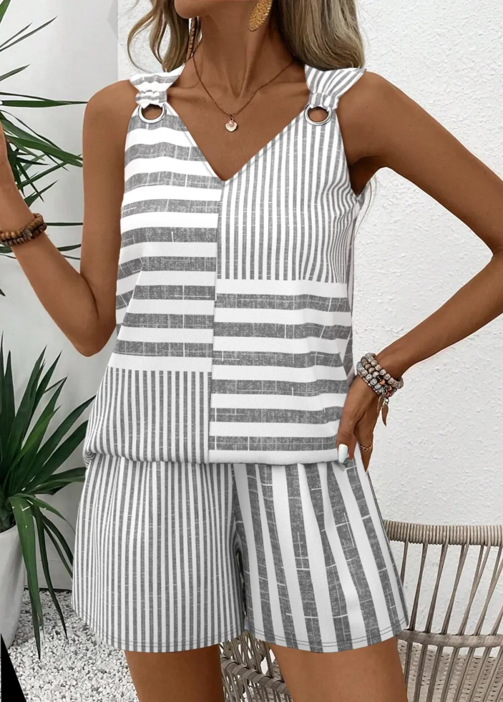 Grey Striped Sleeveless V Neck Tank Top and Shorts