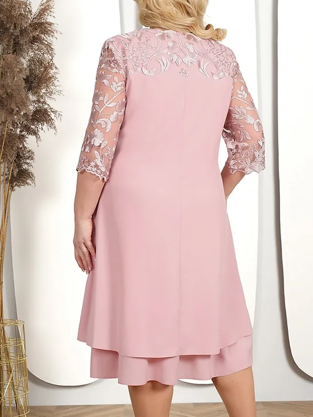 Women's Plus Size Curve Party Dress Lace Dress Cocktail Dress Midi Dress Pink Dark Blue Light Blue 3/4 Length Sleeve Floral Lace Spring Fall Winter Crew Neck Fashion Birthday Wedding Guest