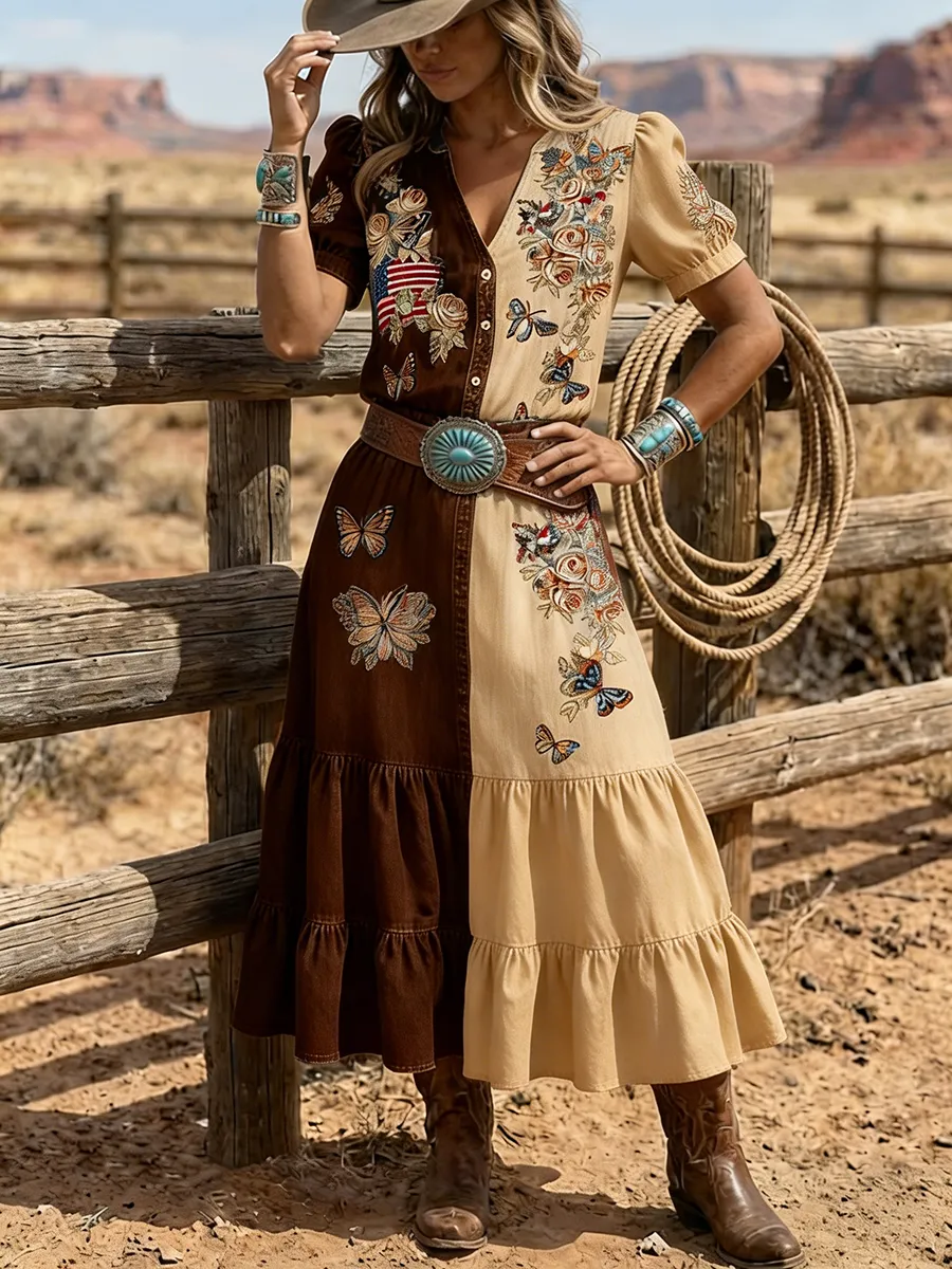 Women's Western Butterfly Embroidered Patchwork Denim Maxi Dress