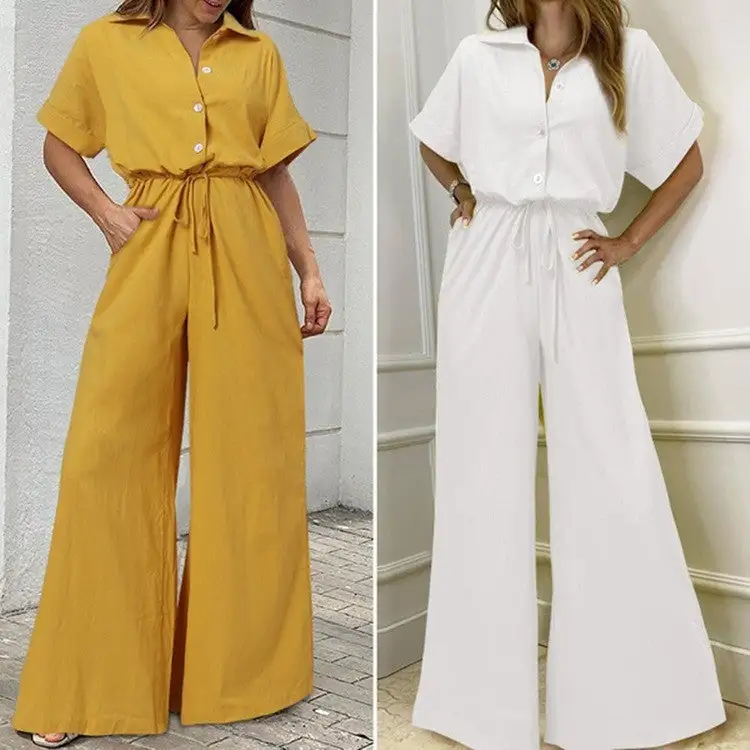Vintage Tailored Single-Breasted Wide-Leg Jumpsuit