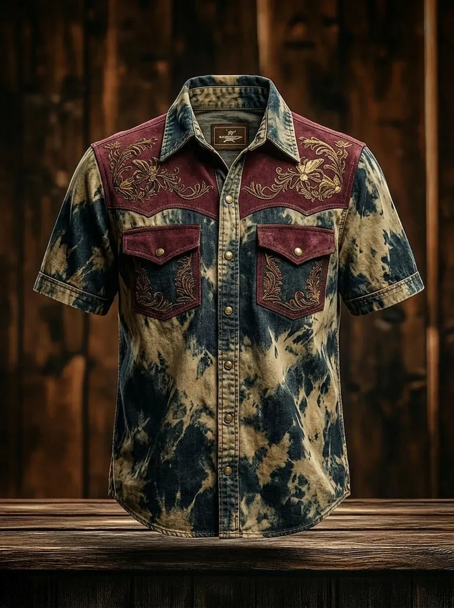 Men's Western Cowboy Floral Embroidered Acid Wash Printed Shirt