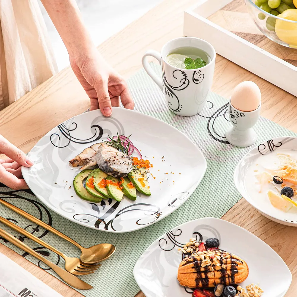 VEWEET, Series Fiona, 100-Piece Plates and Bowls Sets for 12, Including Porcelain Dishes Sets, Bowls, Mugs, Egg Cups, Cup and Saucer Set, Milk Jug and Sugar Pot Set, Microwave and Dishwasher Safe